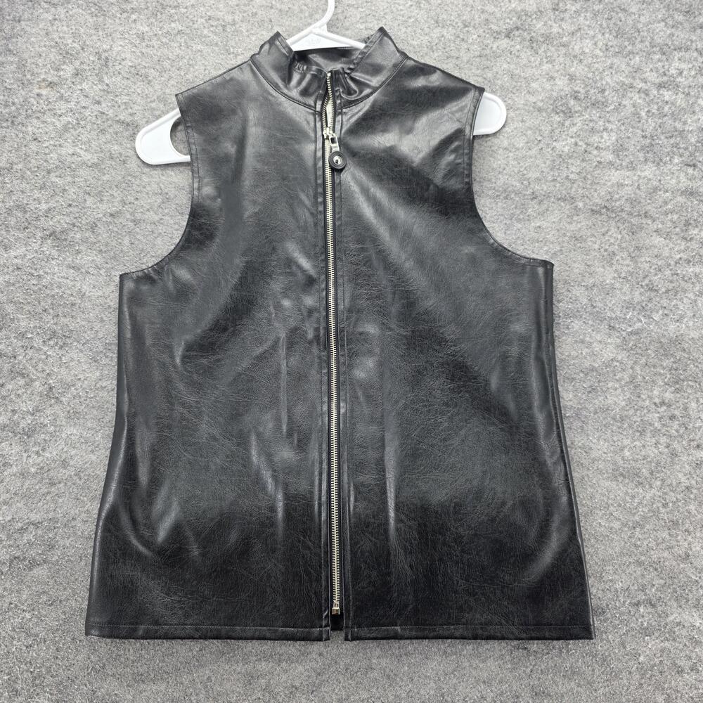 Original TY Wear Vest Womens Size P Petite Black Faux Leather Zip Mock Neck